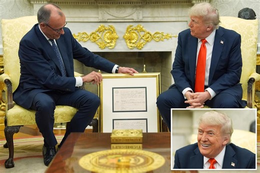 Trump gifted gold-framed copy of grandfather’s birth certificate from German Chancellor Friedrich Merz