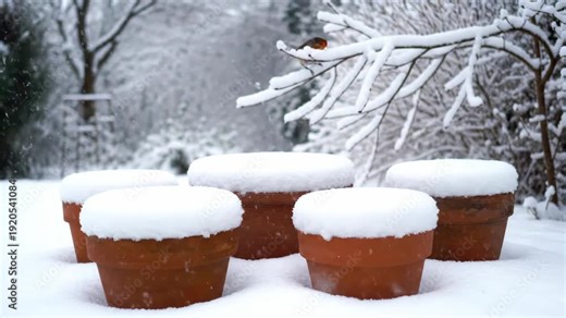 A sequence showing a european robin flying through a winter garden during a snowfall. The composite frames show the bird in mid-flight over snow-covered terracotta pots