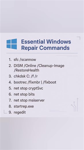 💻 Keep your Windows running smoothly! Here are 9 essential repair commands every tech enthusiast should know. Save this for the next time your PC acts up! 🔧⚡ #TechTips #WindowsRepair #WindowsTips #PCRepair #TechHacks #ComputerFix #SystemRepair #WindowsCommands #TechSavvy #ITSupport #Troubleshooting #TechGuide #fblifestyle | Tech Whiz Ajith