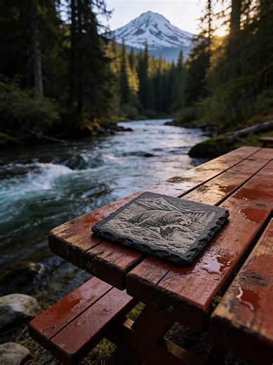 Protect your tables with something that actually looks good doing it. Our 4-inch natural slate coasters are laser engraved right here in the shop—clean, permanent, and made to last. Perfect for homes, cabins, weddings, breweries, offices, and small businesses that want their name on something solid. Why slate? Real stone with a rugged, natural edge Permanent laser engraving — won’t fade or peel Feet to protect furniture Works great for logos, names, dates, or simple designs Perfect for: Business