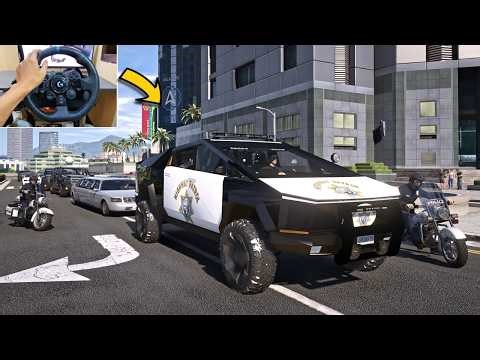 GTA 5 Playing as Police Driving Cybertruck Escorting VIP Limousine - Steering Wheel Gameplay