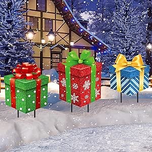 3 Pack Metal Christmas Yard Signs Decor Xmas Yard Stakes Outdoor with Stakes for Holiday Outdoor Garden Lawn Pathway Decoration(Gift Boxes)