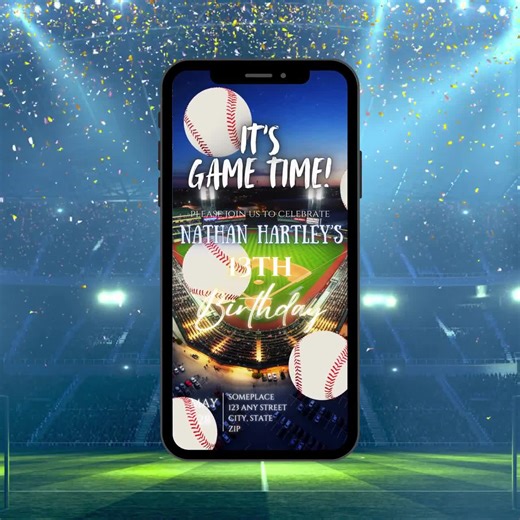 Animated Baseball Birthday Invite: Stadium Lights, Editable Canva Template (Digital Download)