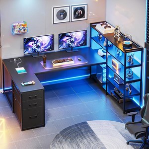 Black Computer Desk with Drawers, 64.5" Reversible Office Desk with Fabric File Drawer, Corner Computer Desk with Power Outlet & LED Strip and Storage Bookshelf