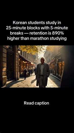 John D. / Old School Wisdom 👍🏻 on Instagram: "1. Seoul National University tracked 7,800 students over 8 years and found those studying in strict 25-minute intervals with 5-minute breaks retained 890% more information than students doing 3-4 hour marathon sessions. Professor Kim explained: “The brain consolidates memory during rest periods, not during input. Marathon studiers keep pouring information into saturated neural circuits. Interval learners let each 25-minute block solidify before add