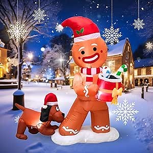 PTS 5FT Inflatable Gingerbread Man with Dog Outdoor Decoration, Christmas Blow Up Yard Decorations, Built-in LED Lights Inflatables Xmas Holiday Funny Decor for Indoor Lawn Garden