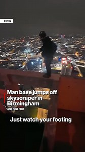 Heartstopping footage shows the moment a daredevil base jumper parachuted off the top of a 500ft skyscraper in a UK city centre. 🫣 | New York Post