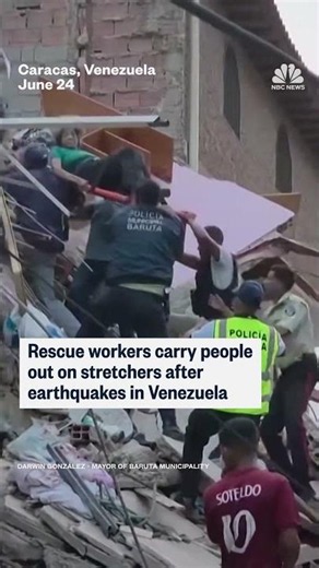 Rescue workers carry people out on stretchers after earthquakes in Venezuela