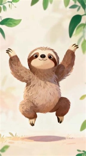A sloth doing slow-motion jumping jacks, smiling peacefully.