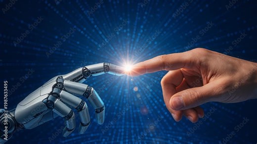 Human and Machine Synergy: A mesmerizing image capturing the harmonious connection between human and artificial intelligence, showcasing a human finger touching a robotic counterpart.