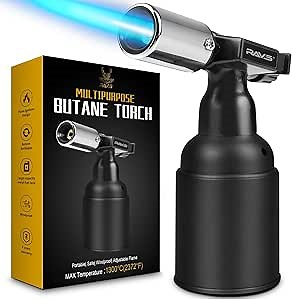 RAVS Butane Torch, Kitchen Torch Lighter with Adjustable Flame, Refillable Blow Torch for Cooking, Creme Brulee Torch with Safety Lock, Cooking Torch Gun for Desserts, Baking - Butane Gas Not Included