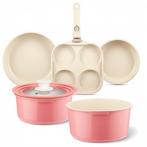 7Pcs Non Stick Aluminum Ceramic Pots and Pans Set, Cookware Set with Detachable Handle, Pink