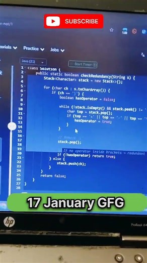 GFG POTD 17 January Expression | Contains Redundant Bracket or Not | Stack-Based Solution Explained