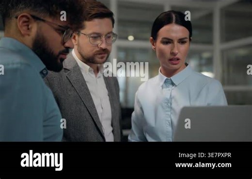 Multiracial business team talking using laptop discussing online work trading working multiethnic businessteam group three diversity colleagues Caucasian woman with Arabian men talk look in computer Stock Video Footage - Alamy
