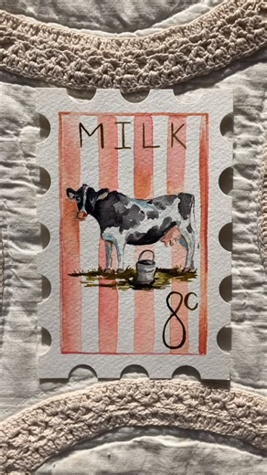Annalee Beck | Artist on Instagram: "a cow for the eighth day of Christmas- maids a milking! 🐄 I painted this full set of stamps last year and it’s crazy to see the growth that one year has had on my artwork! I love this stamp so much and seeing how much I’ve improved since last year makes it even better! This original painting is available for purchase, along with other 12 days stamps and prints with all stamps together. Come back tomorrow to see the ninth day of Christmas come to life as a po