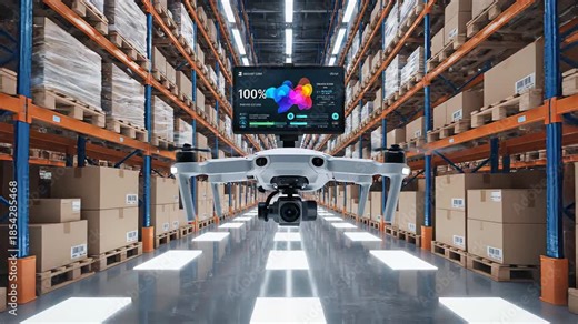 Drone navigating through warehouse aisles displaying battery status on screen while capturing inventory management visuals with precision and clarity. Drone warehouse inventory Stock Video