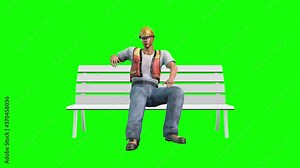 4k 3d animation of a working construction avatar worker wearing a safety helmet, sits and talks on a bench.