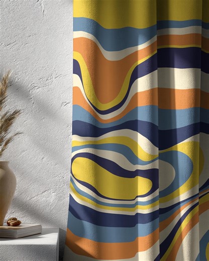 70s Style Psychedelic Swirl Curtains, Mid-century Blue Orange Yellow Window Drapes, Retro Wavy Curtains - Etsy