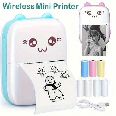 Portable Wireless Mini Printer, Cute Cat Design, Easy To Carry, USB Interface, Suitable For All Smartphones, Print Photos, Labels And Notes Anytime Anywhere, Perfect Gift For Students And Office Workers, Also Great For Travel And Home Use, Let Instant Printing Change Your Life. | SHEIN