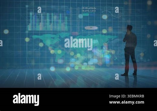 Animation of thoughtful businessman looking at infographic interface over grid pattern. Digital composite, multiple exposure, report, finance, planning, database, futuristic and technology concept Stock Video Footage - Alamy