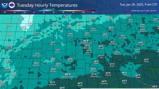 Warmer weather arrives on Tuesday. After a chilly start with lows in the 20s and 30s °F, we'll see afternoon highs in the upper 50s and low 60s °F. Here's a look at the hourly temperatures throughout the day: | US National Weather Service Norman Oklahoma