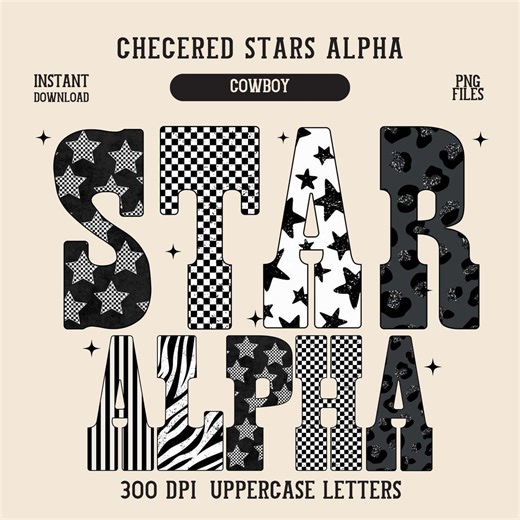 Checker Stars Alpha Set Png 6 Style School Spirit Letters Sports Alphabet Pack Black & White Trendy Checkered Leopard Stripes Zebra A-Z Font - Etsy
