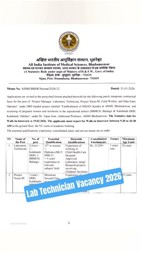 Lab Technician Vacancy 2026 #vacancy #labstaff #aiims #bestmedicalcollegeinindia #labtechnician #job