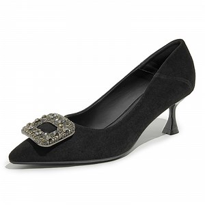 [Hot Item] Black Work Shoes, Women's Slim Heels, 2025 Spring and Autumn New Style Pointed Suede Professional Work Square Buckle Suede High Heels Hx-T6118-11