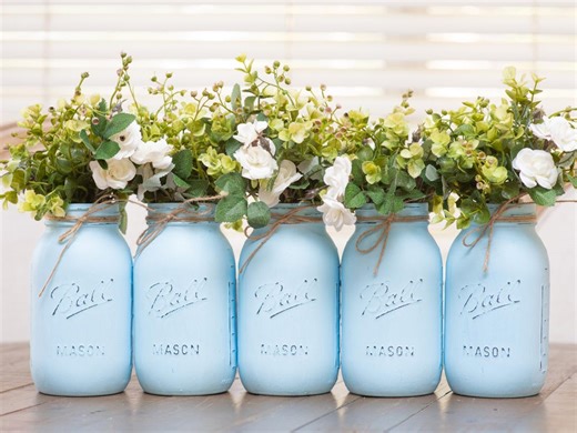 Boy Baby Shower Centerpieces – Blue Mason Jar Centerpiece Set of 5, Rustic Baby Shower Table Decorations - Etsy