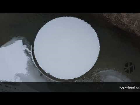 Landing a drone on an ice wheel in a river