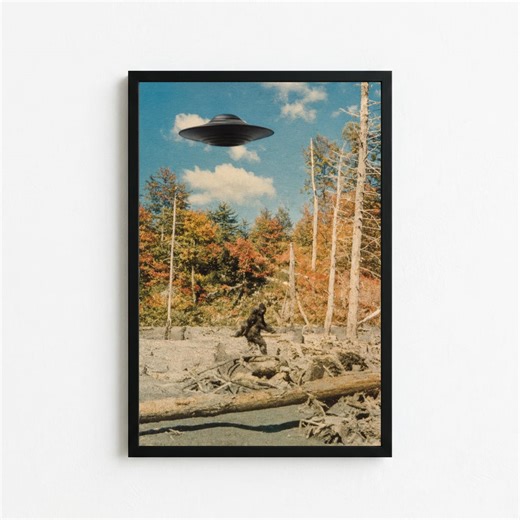 Bigfoot UFO Poster, Sasquatch Alien Encounter Wall Art, Vintage Cryptid Photo Style Print, Paranormal Forest Decor - Etsy