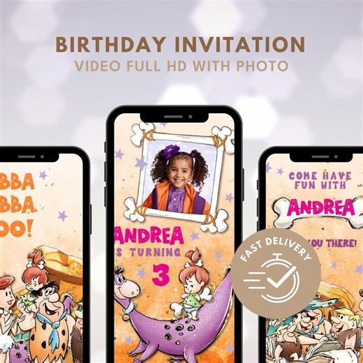 Flintstones Birthday Invitation Video FULL HD With Photo, Stone Age Birthday Party - Etsy