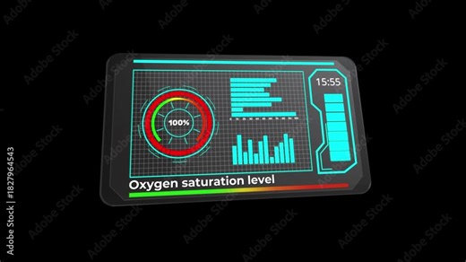 compact tablet showing oxygen saturation percentage and live bar charts, cyan circular indicator and battery icon set against dark clinical background, emergency care setting simulated for monitoring