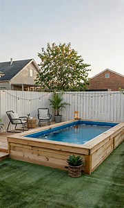 Piscina rectangular e madera en patio. | Piscinas Casa