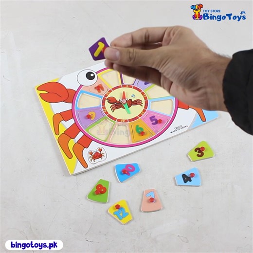 𝐂𝐫𝐚𝐛 𝐓𝐞𝐚𝐜𝐡𝐢𝐧𝐠 𝐂𝐥𝐨𝐜𝐤 𝐖𝐨𝐨𝐝𝐞𝐧 𝐁𝐨𝐚𝐫𝐝 👉 With movable wooden clock hands and clear, bold numbers, children can easily understand the concept of hours and minutes. Its vibrant design and sturdy, child-safe wooden construction make it the perfect screen-free educational toy for early learning at home or in preschool. 📲 𝐖𝐡𝐚𝐭𝐬𝐀𝐩𝐩: 𝟎𝟑𝟐𝟑 𝟑𝟑𝟐𝟐𝟐𝟏𝟕 (𝟏𝟎𝐚𝐦 𝐭𝐨 𝟖𝐩𝐦 Monday to Saturday) 🌐 𝐏𝐫𝐨𝐝𝐮𝐜𝐭 𝐋𝐢𝐧𝐤 : https://bingotoys.pk/products/crab-teaching-