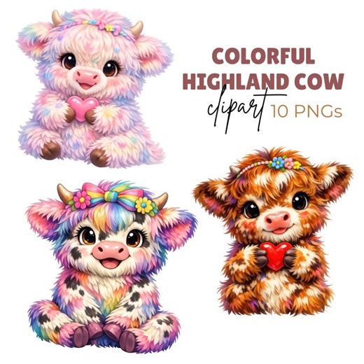 Colorful Highland Cow Clipart – Whimsical Graphics, Nursery Art (digital Download - 10 Pngs) - Etsy