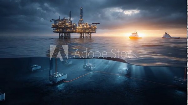 Offshore Platform: A detailed view of an offshore platform, showcasing the intricate architecture of an oil rig, with the ocean surface revealing submerged pipelines and structures.