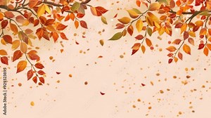 Golden autumn leaves gracefully fall from branches, creating a warm and cheerful atmosphere filled with seasonal beauty.