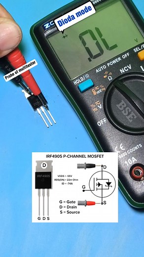 Simple and Easy,Normal testing IRF4905 Positive/P-channel MOSFET using digital multitester in diode mode. #Reels #viral #electrician #electronics #electroniccomponents #LED #komponenelektronik #radio #shorts #diyprojects #electricalengineering #speaker #repair #FM #diy #componenteselectrónicos #audio #fblifestyle #creative #ideas #diyproject #Transistor #MOSFET | Belajar Servis Elektronika