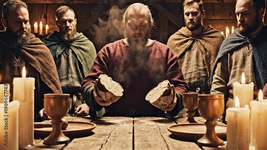 Men in medieval attire surround a table; one holds bread, candles glow, and chalices sit
