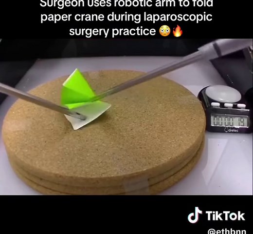 Surgeon Demonstrates Robotic Arm Folding Paper Crane in Laparoscopic Surgery