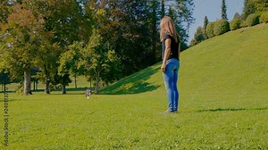A border collie dog runs on a green grass towards his brunette woman trainer and sits next to her. Profesional dog training on a hot summer day.