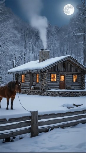 The full moon rises over frozen trees, and there it stands: a traditional log cabin breathing woodsmoke into the winter night while a patient horse waits in snow that remembers every footprint. Through frost-covered windows, amber light promises what this rustic mountain retreat offers: the chance to stand still, to feel cold air sharpen your senses, to remember that peace lives in the honest meeting of warmth and wilderness. Here in this remote winter sanctuary, beneath moon and smoke and the w