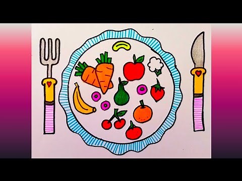 How to draw a colourful healthy food plate | Easy fruit, vegetable plate drawing| Easy drawing