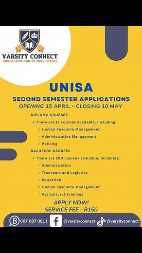University of South Africa (UNISA) second semester applications now open with over 200 Diploma and Degree courses available to choose from. #universityapplication #southafricanuniversities #fyp