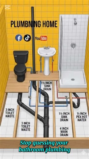 Stop guessing your bathroom plumbing layout — this is what a professional rough-in actually looks like. This cutaway diagram shows a complete residential bathroom plumbing system from fixture to main drain. The 3-inch toilet waste lines connect into a 4-inch main drain for strong, reliable discharge. The sink runs on a 1½-inch trapped drain tied correctly into the stack, while the shower line connects separately to maintain proper flow. You can also see the hot and cold supply lines routed clean