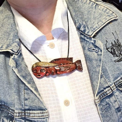 Handcrafted Fish-woman Necklace, Hand-carved Wood, Hand-painted in Red and Gold, Expressive Gift - Etsy