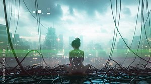 technology female robot cyborg in dystopian cityscape made with AI generative art