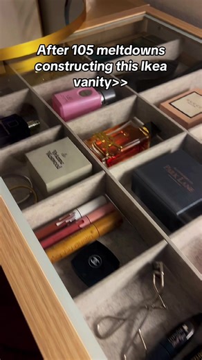 This vanity took 5 hours to assemble. Now to fill it. I’m going to rearrange the glass contents…#ikea #vanity #makeup #perfumetiktok #storage