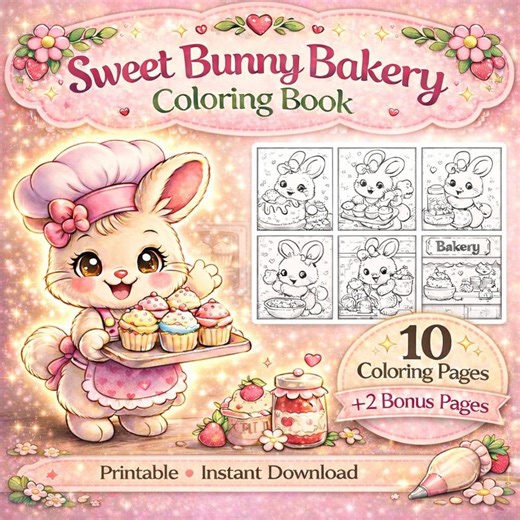 Easter Bunny Coloring Pages for Kids Printable PDF, Cute Bunny Bakery Coloring Sheets, Toddler Activity, iPad Coloring, Instant Download - Etsy